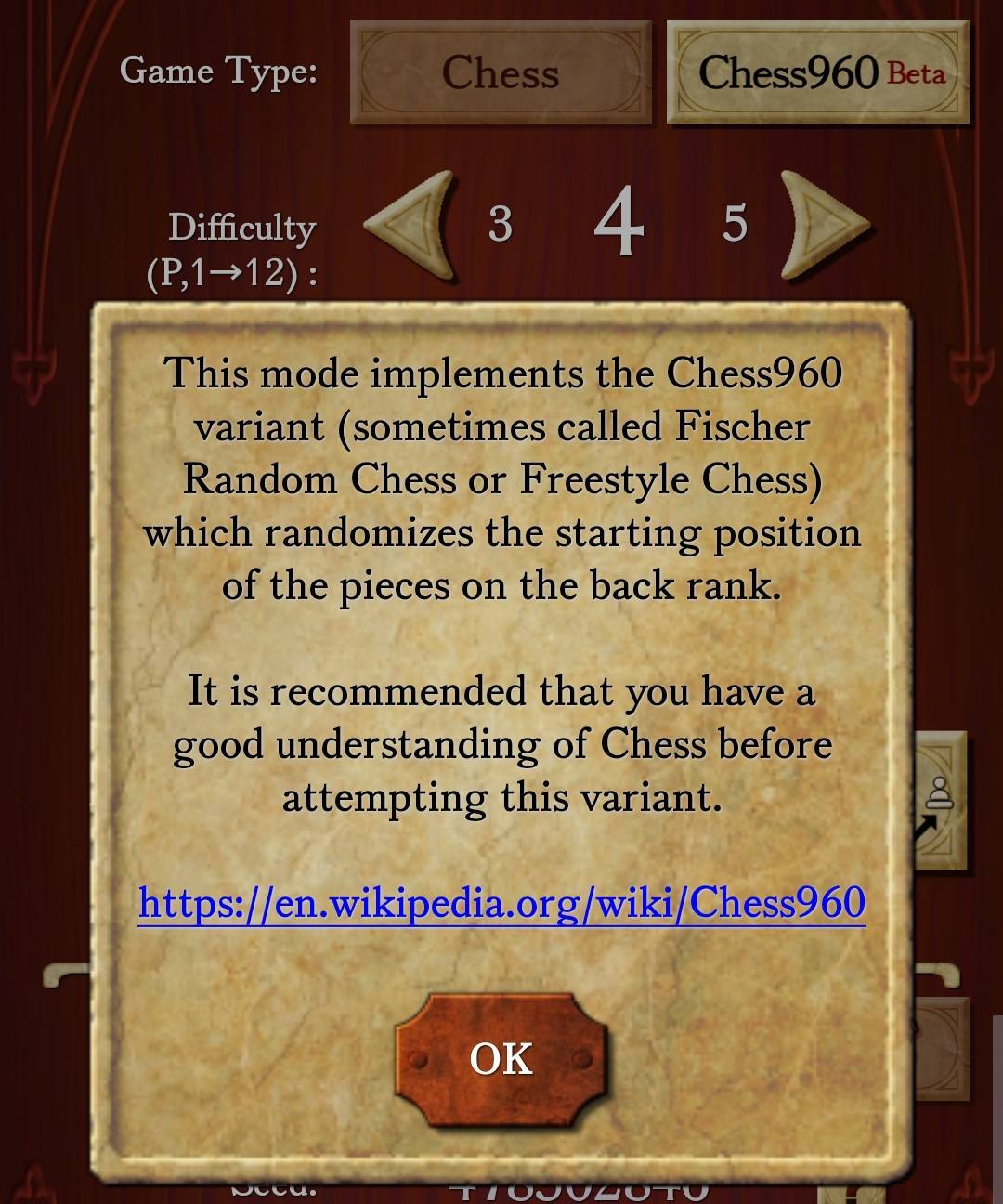 chess screenshot with chess960 option